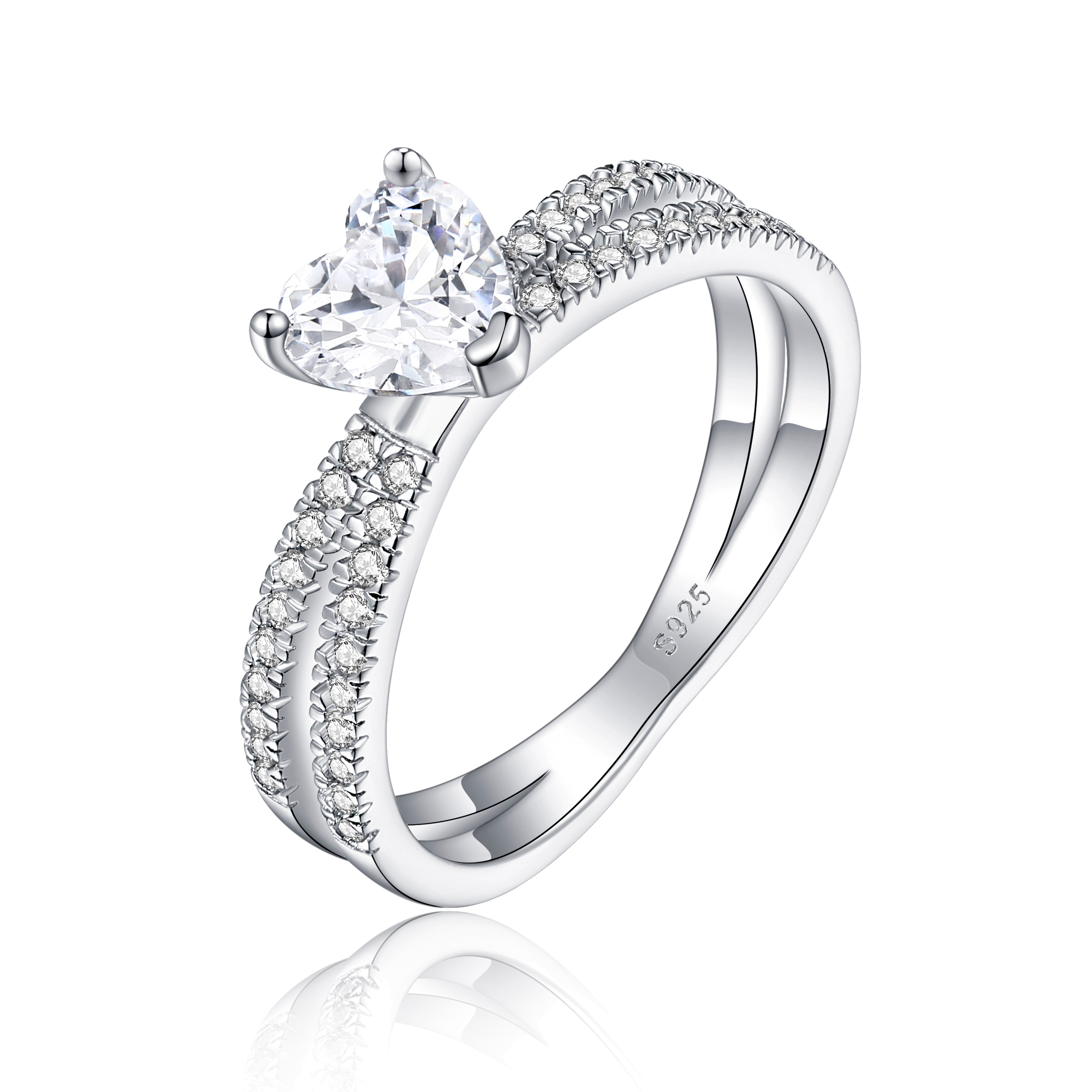 925 Sterling Silver 6mm Heart Cz Solitaire with Split Cz Band Ladies Ring
