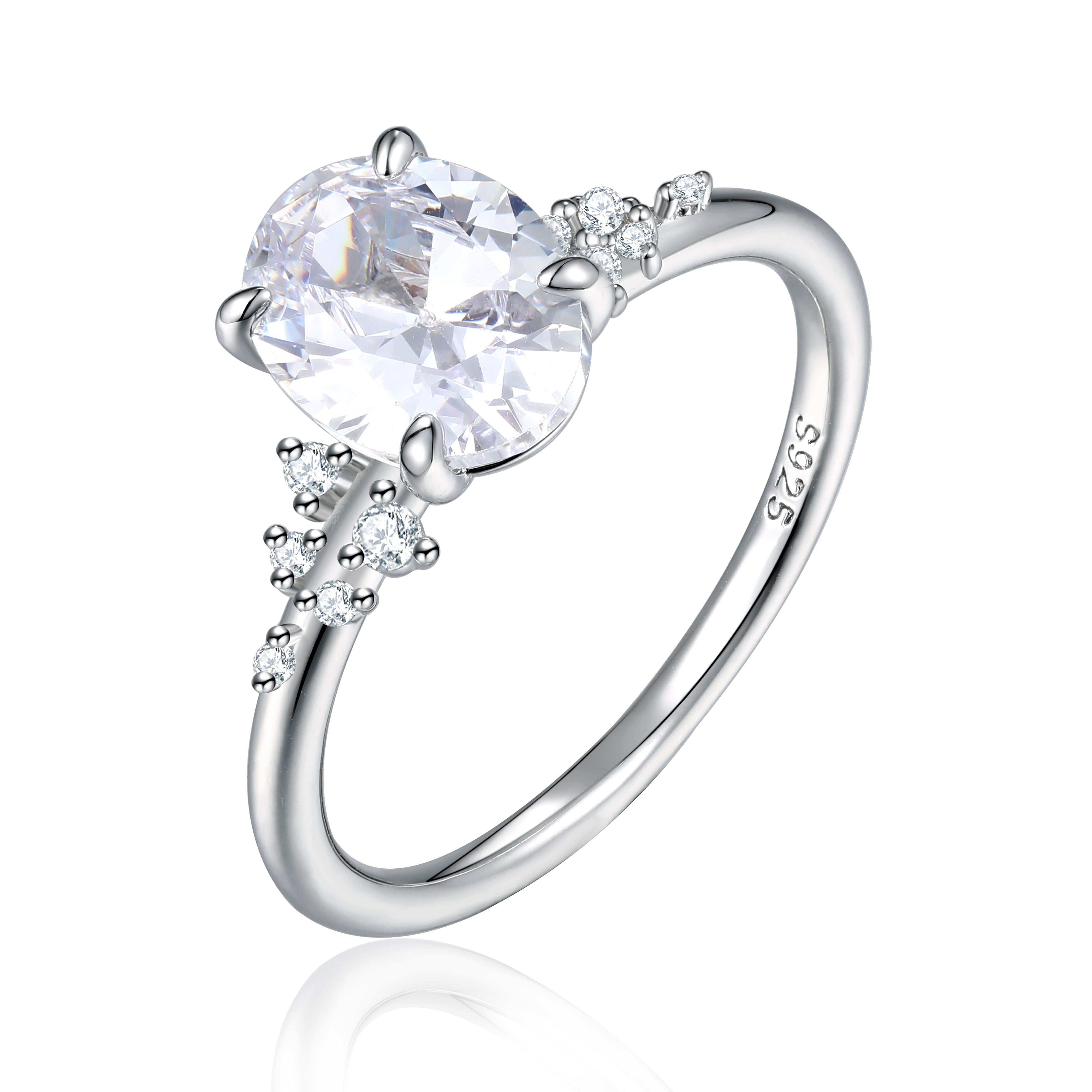 925 Sterling Silver 2ct Oval Cz Solitaire with Side Cz's Ladies Ring