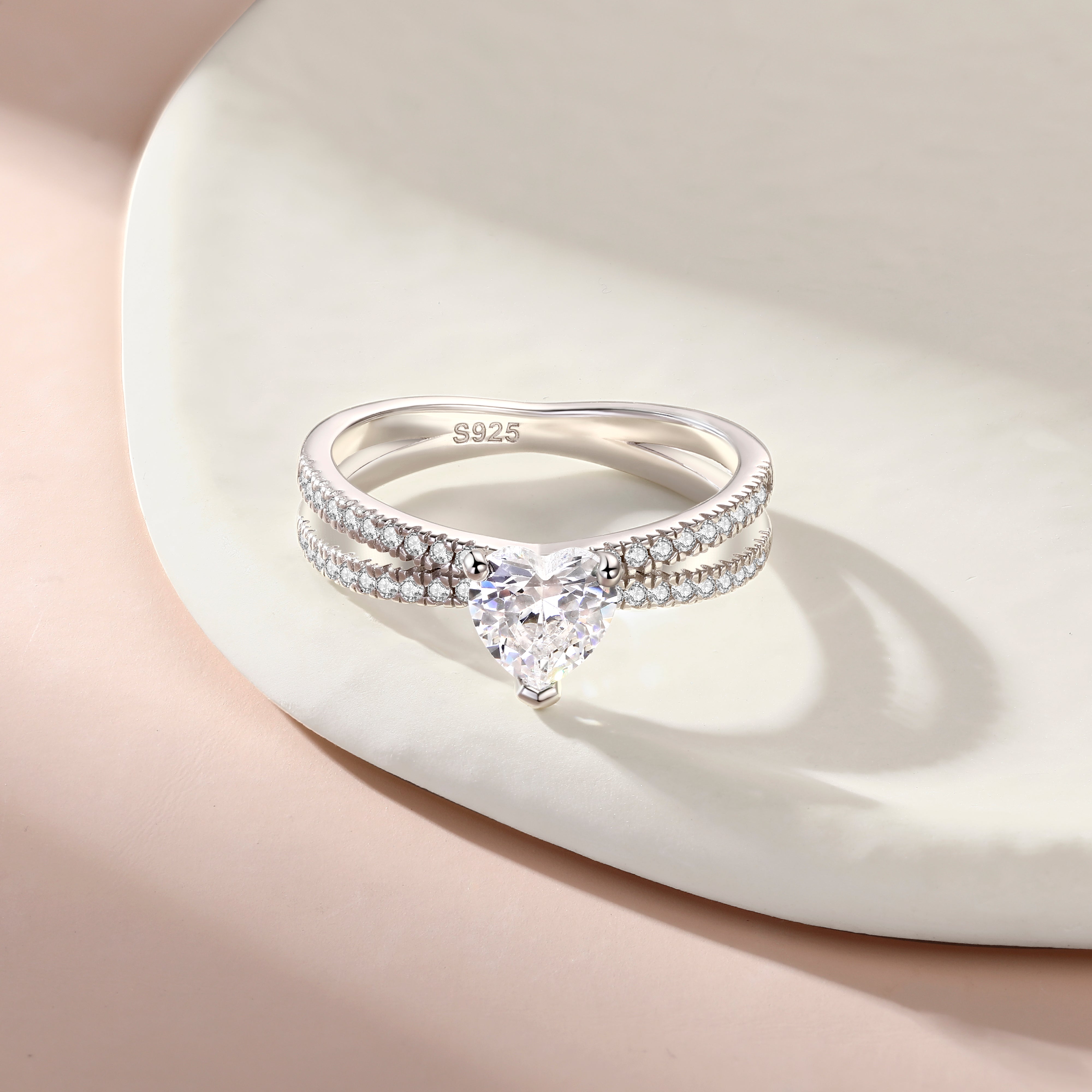 925 Sterling Silver 6mm Heart Cz Solitaire with Split Cz Band Ladies Ring