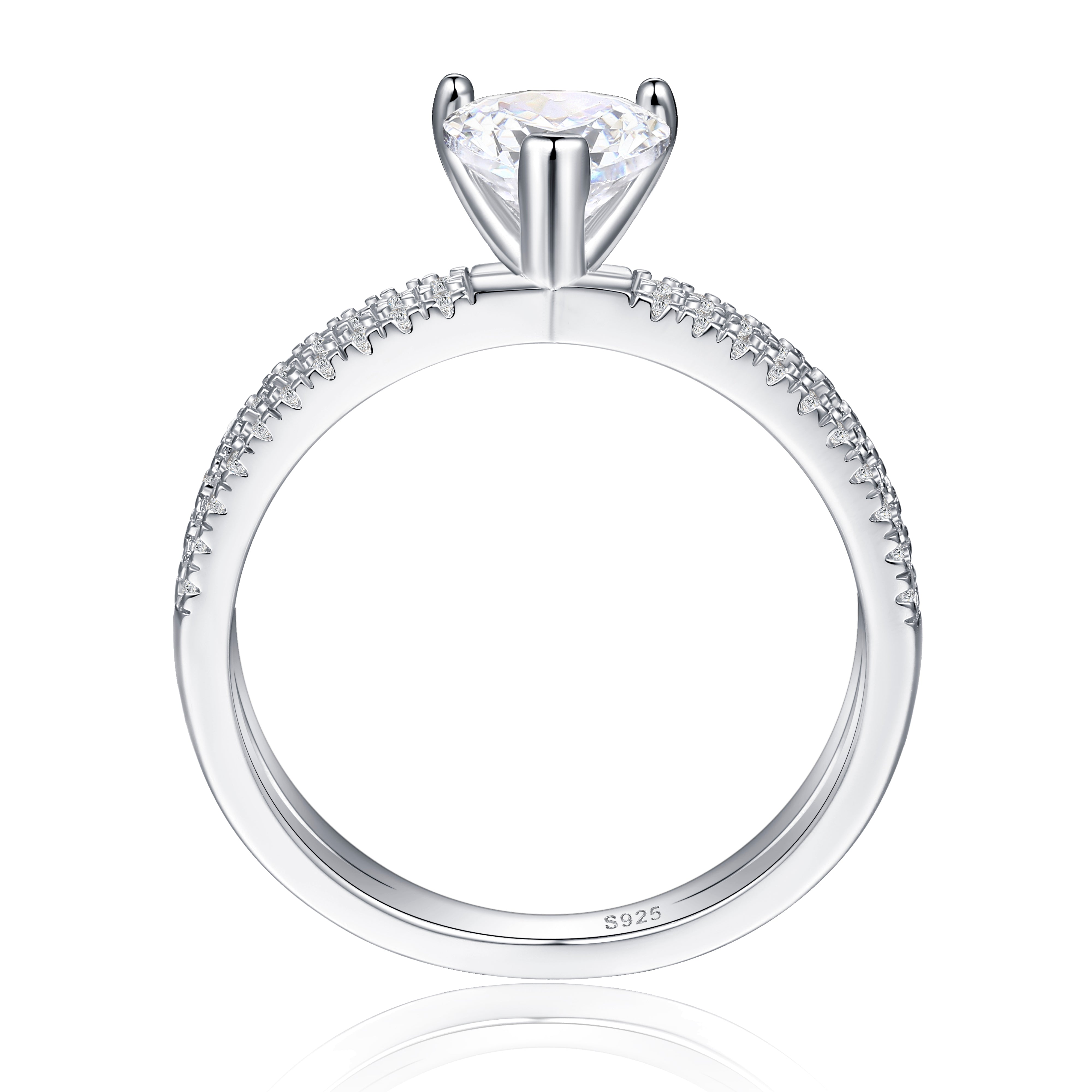 925 Sterling Silver 6mm Heart Cz Solitaire with Split Cz Band Ladies Ring