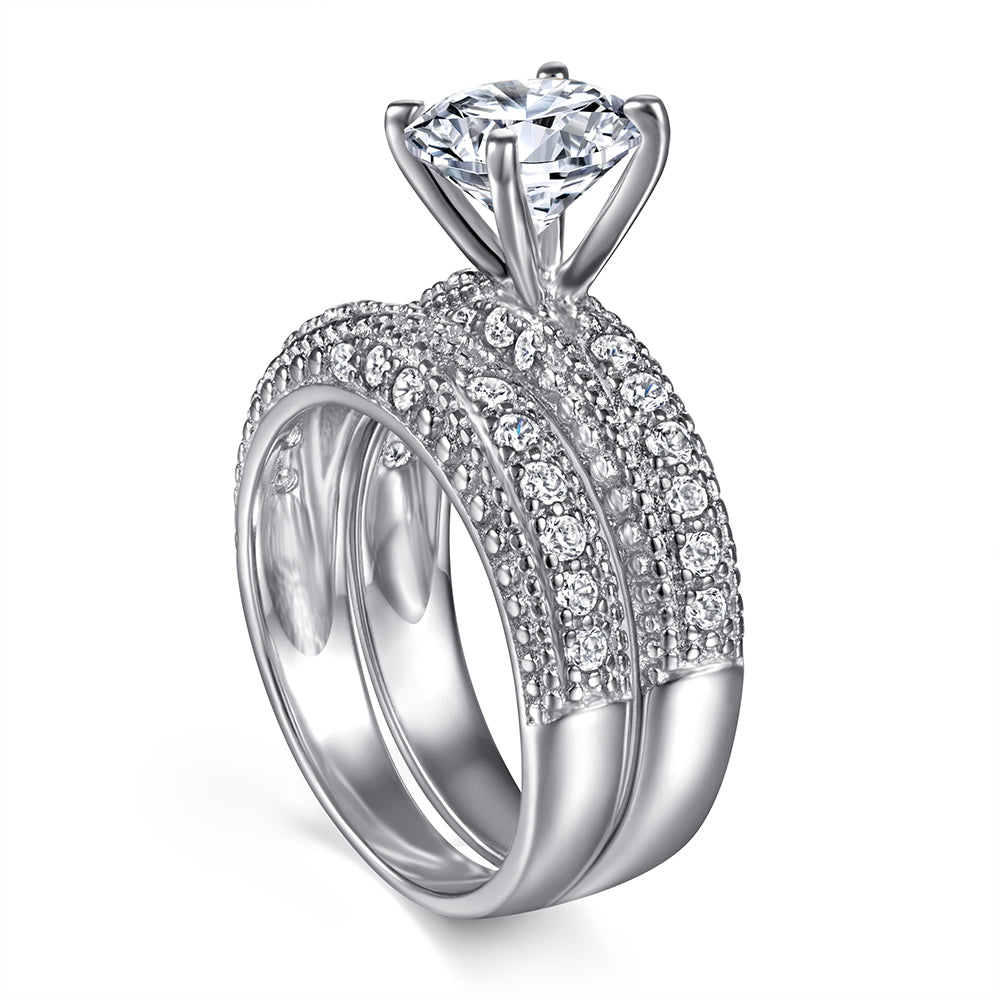 925 Sterling Silver Round Cz Centre with Pave Set Ladies Bridal Ring Set