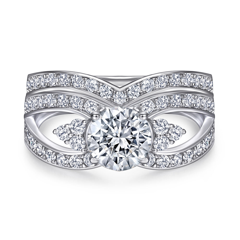 925 Sterling Silver Cz Round Centre with Trinity Side Stone Setting & Fancy Band Ladies Bridal Ring Set