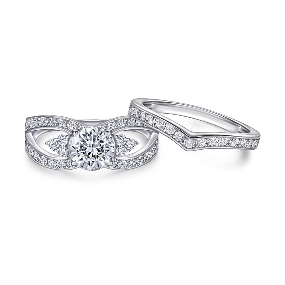 925 Sterling Silver Cz Round Centre with Trinity Side Stone Setting & Fancy Band Ladies Bridal Ring Set