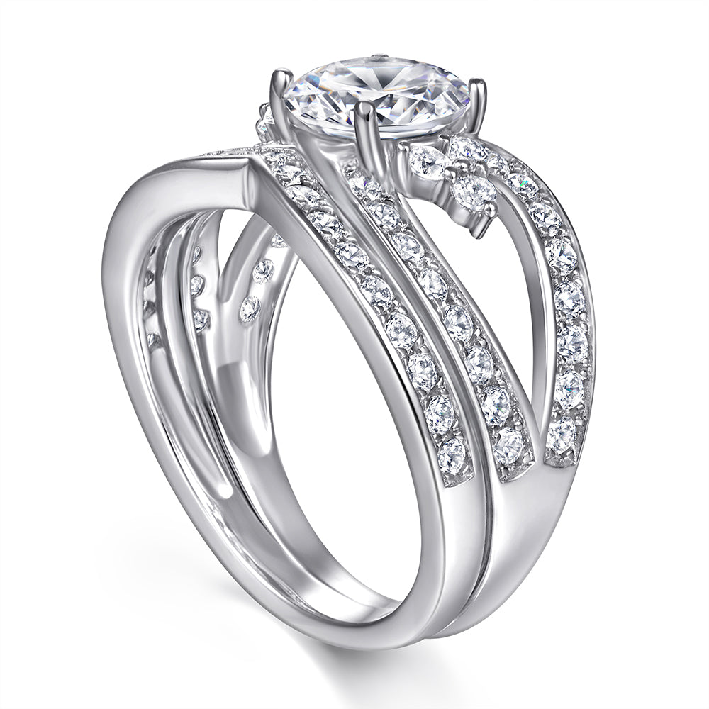925 Sterling Silver Cz Round Centre with Trinity Side Stone Setting & Fancy Band Ladies Bridal Ring Set