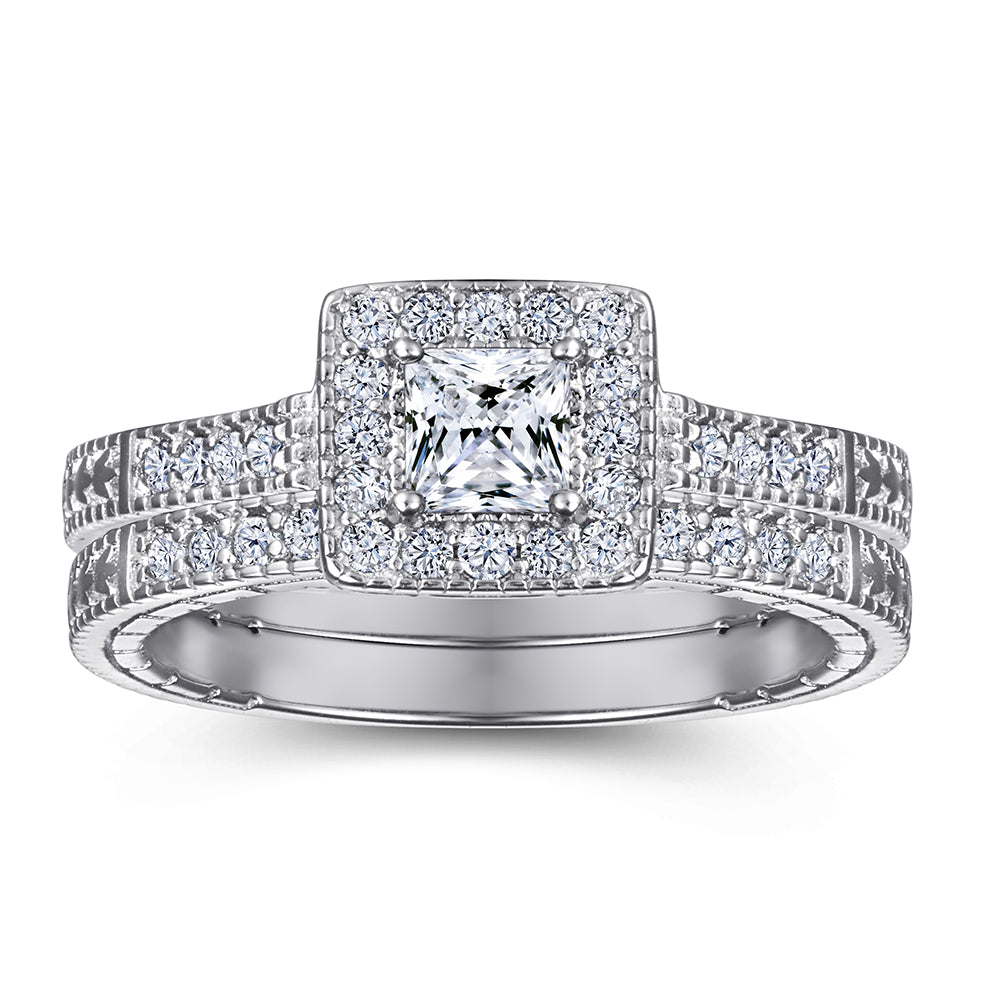 925 Sterling Silver Cz Princess Cut Halo Ladies Bridal Ring Set