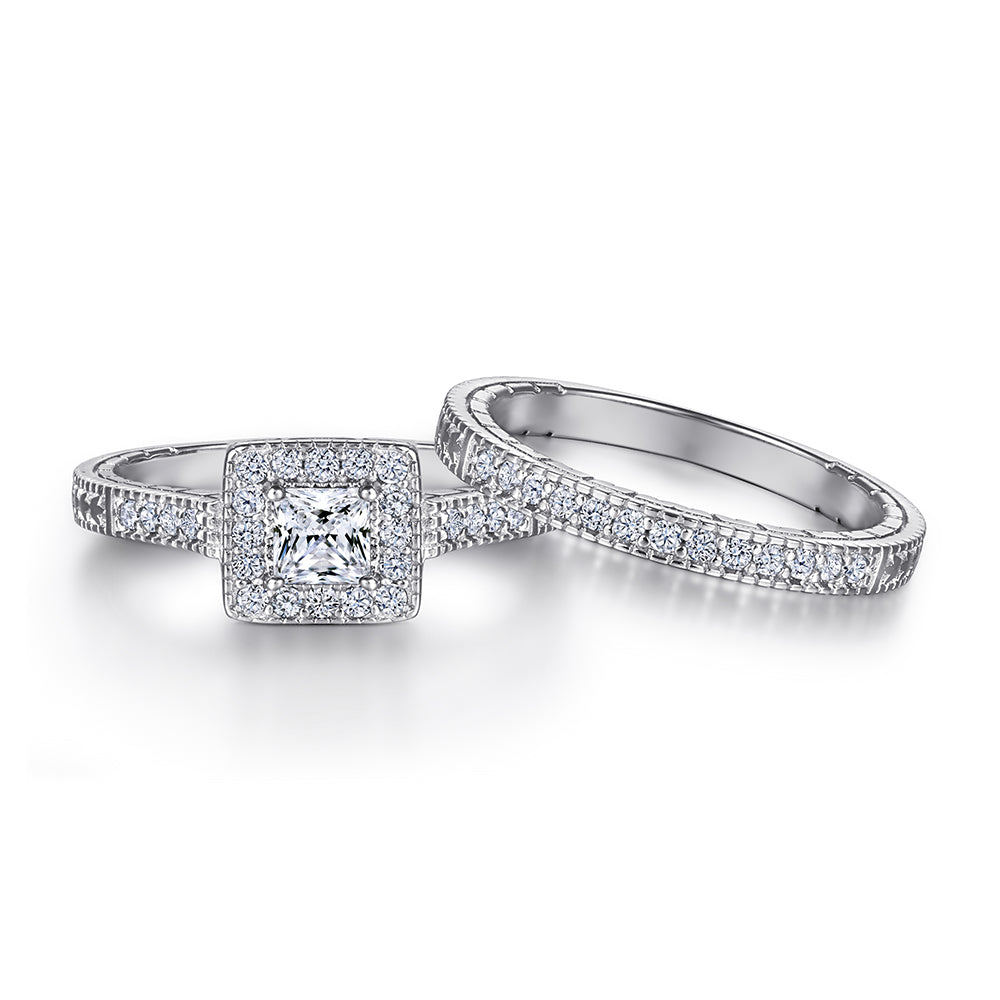 925 Sterling Silver Cz Princess Cut Halo Ladies Bridal Ring Set
