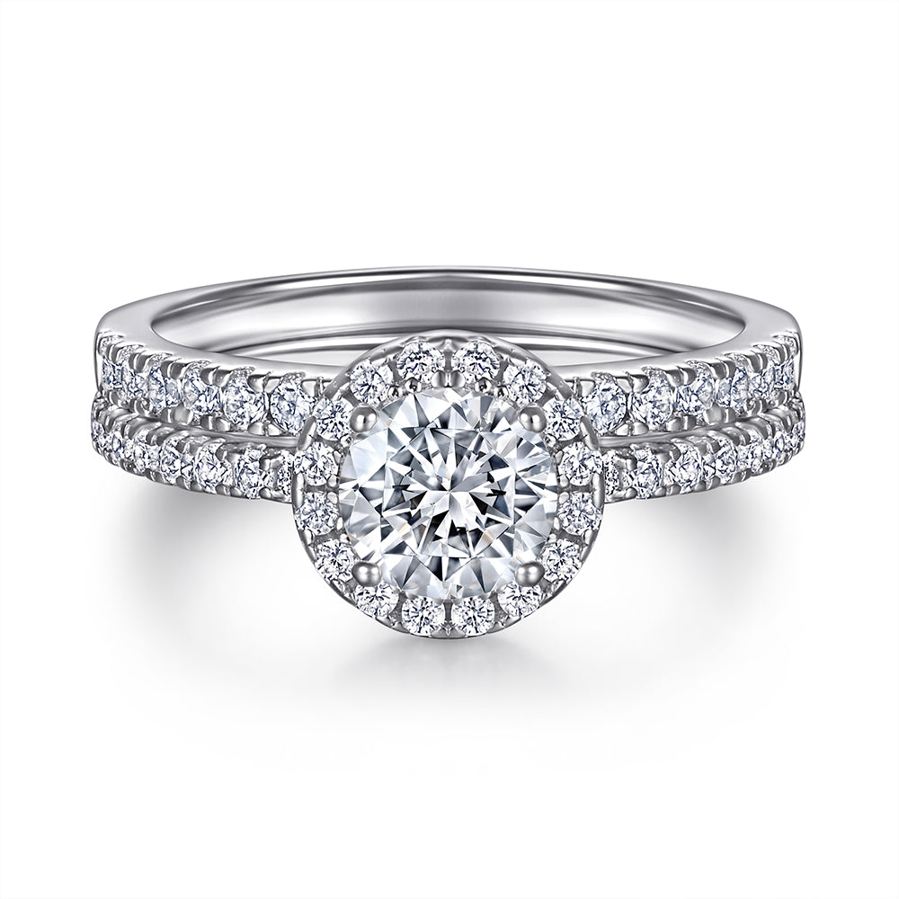 925 Sterling Silver Cz Round Halo Ladies Bridal Ring Set