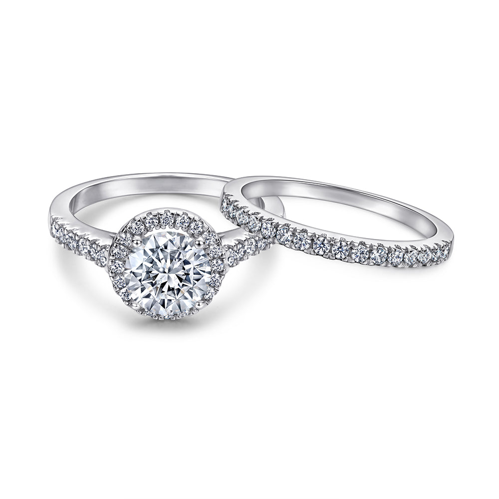 925 Sterling Silver Cz Round Halo Ladies Bridal Ring Set