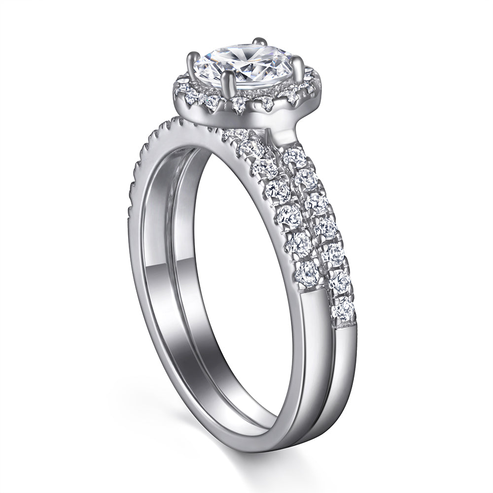 925 Sterling Silver Cz Round Halo Ladies Bridal Ring Set