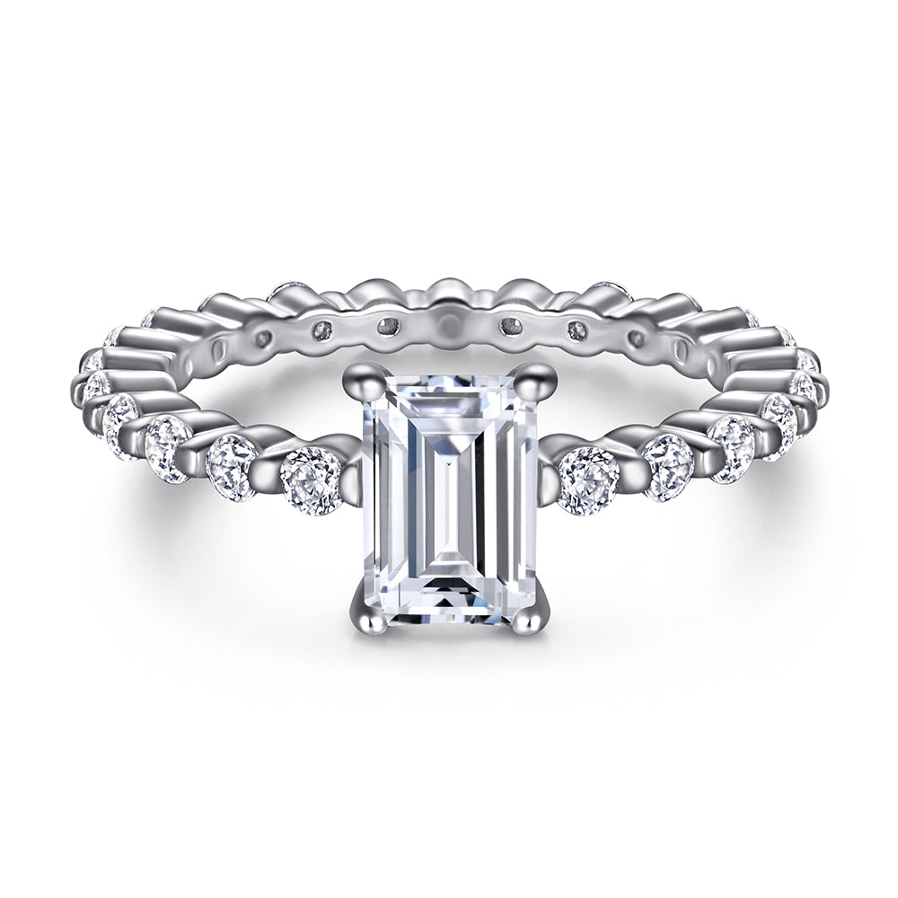 925 Sterling Silver Emerald Cut Cz Centre with Fancy Cz Band Ladies Ring