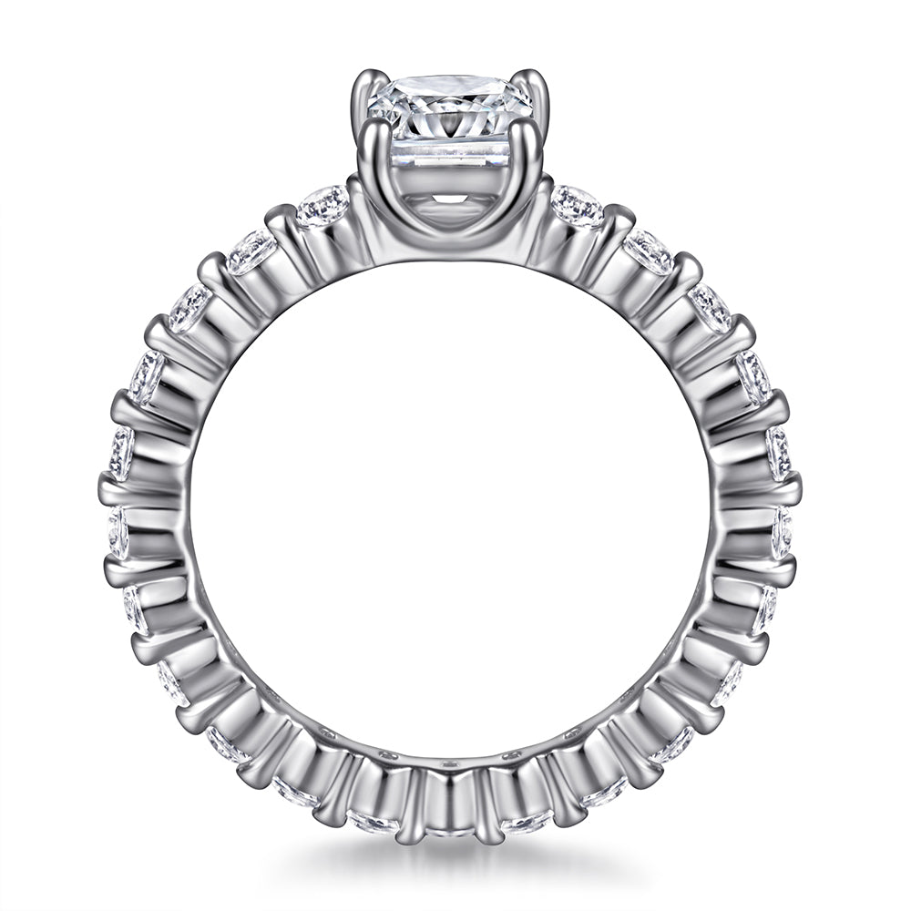 925 Sterling Silver Emerald Cut Cz Centre with Fancy Cz Band Ladies Ring