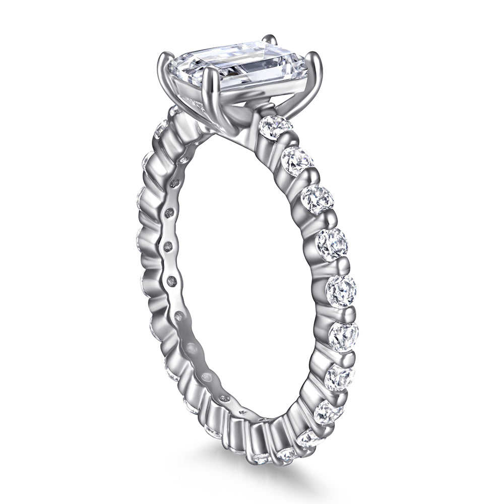 925 Sterling Silver Emerald Cut Cz Centre with Fancy Cz Band Ladies Ring