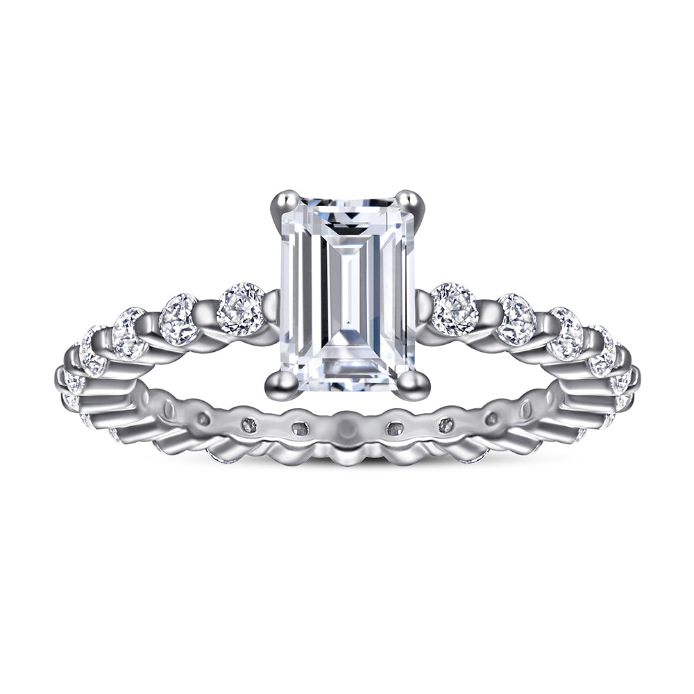 925 Sterling Silver Emerald Cut Cz Centre with Fancy Cz Band Ladies Ring