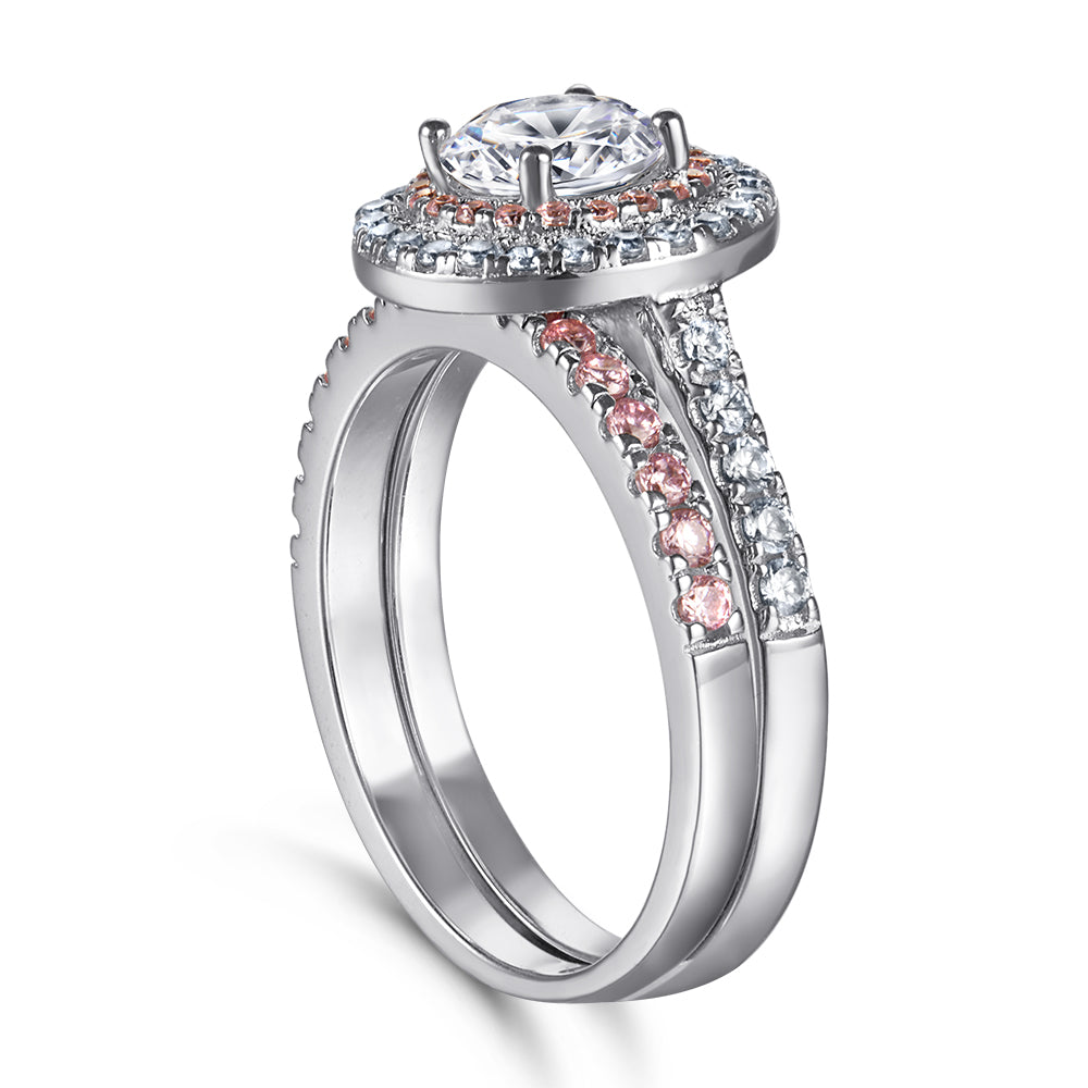925 Sterling Silver Pink & White Round Halo Cz Ladies Bridal Ring Set