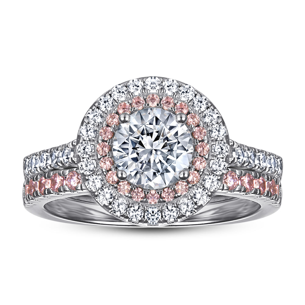 925 Sterling Silver Pink & White Round Halo Cz Ladies Bridal Ring Set