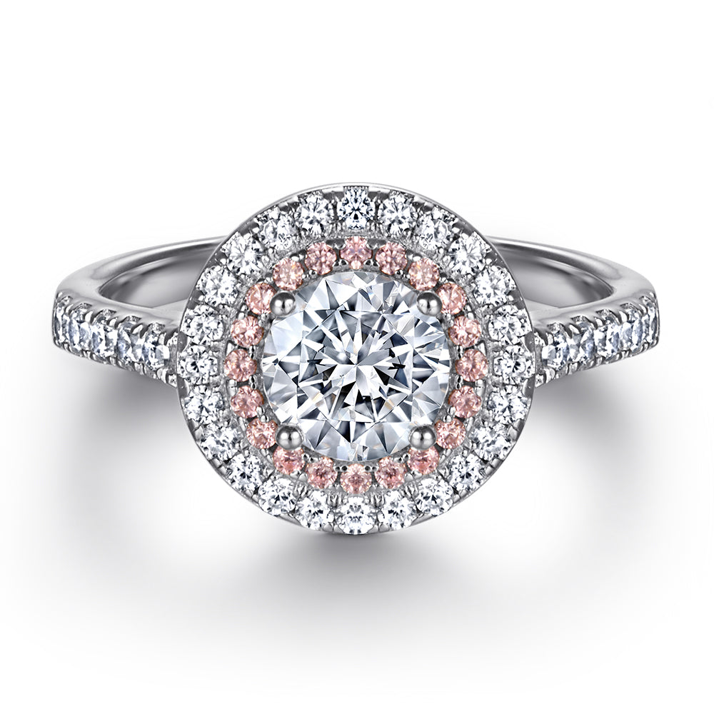 925 Sterling Silver Pink & White Round Halo Cz Ladies Bridal Ring Set