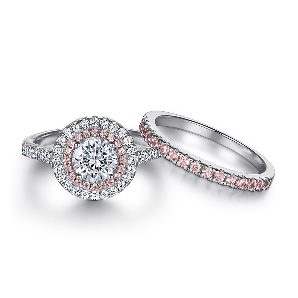 925 Sterling Silver Pink & White Round Halo Cz Ladies Bridal Ring Set