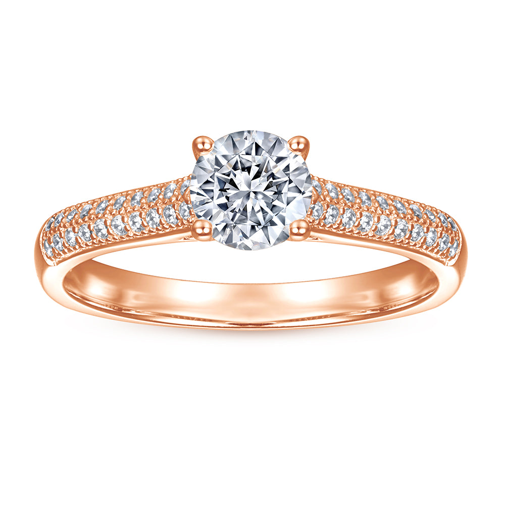 925 Sterling Silver Rose Gold Round Cz Centre with Pave Set Band Ladies Ring