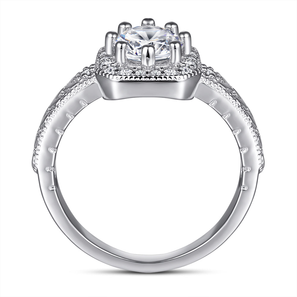 925 Sterling Silver Round Cz with Square Halo Ladies Ring