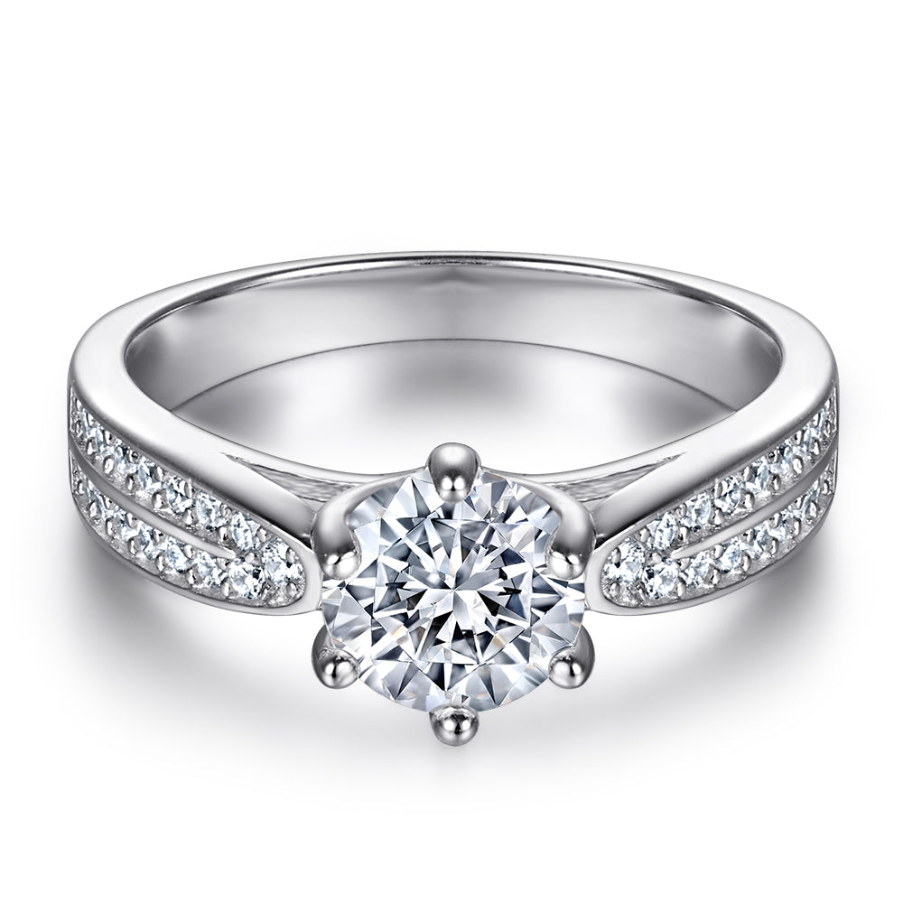 925 Sterling Silver Cz Round Centre with Double Cz Channel Set Band Ladies Ring