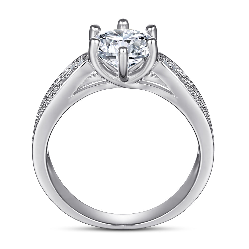 925 Sterling Silver Cz Round Centre with Double Cz Channel Set Band Ladies Ring