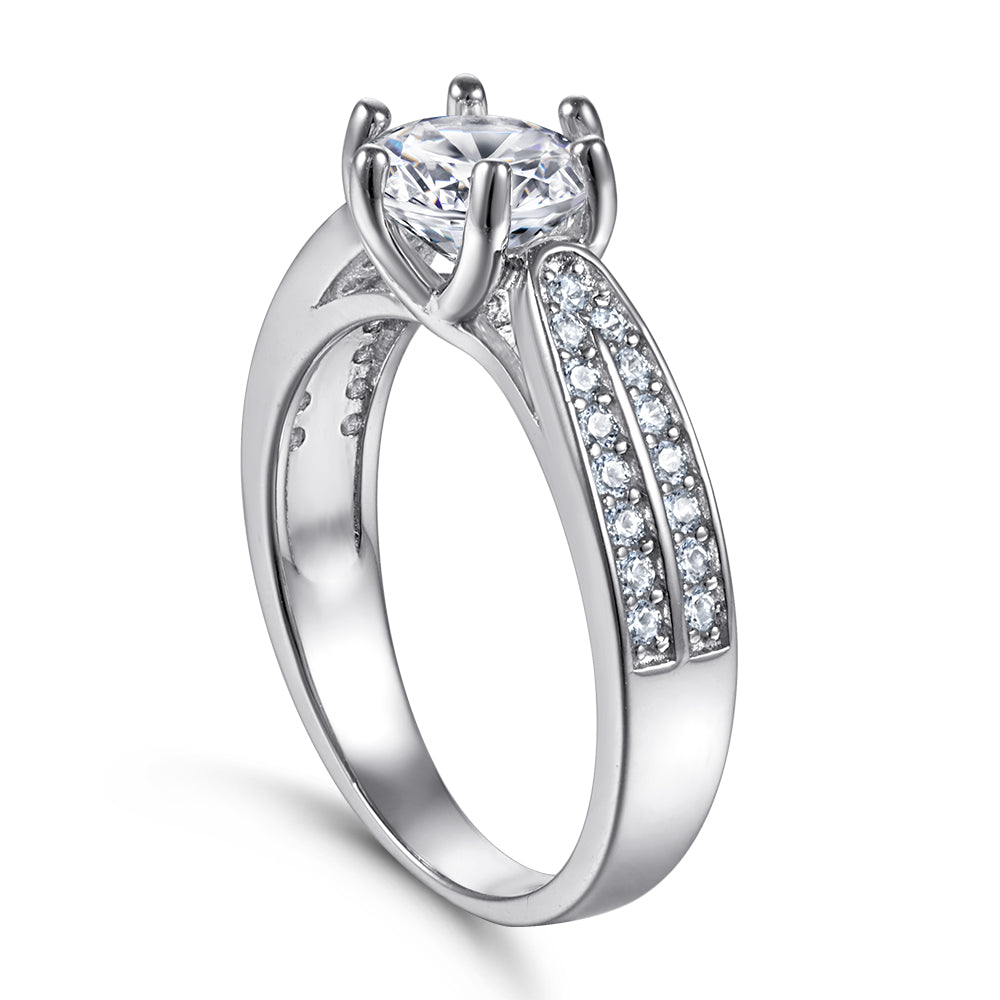 925 Sterling Silver Cz Round Centre with Double Cz Channel Set Band Ladies Ring