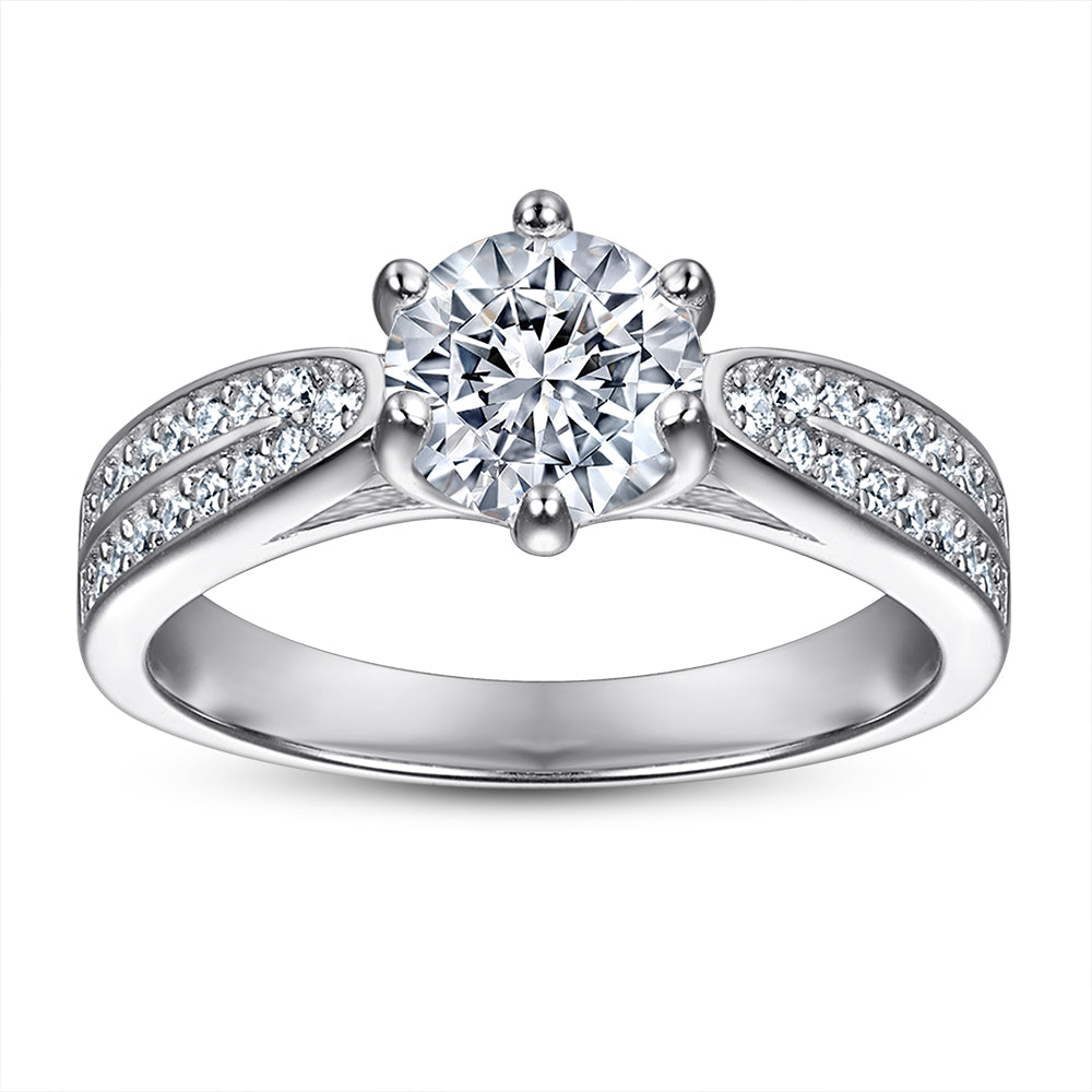 925 Sterling Silver Cz Round Centre with Double Cz Channel Set Band Ladies Ring
