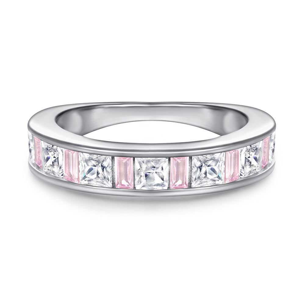 925 Sterling Silver Cz Heart with Pink & White Princess Cut Band Ladies Bridal Set