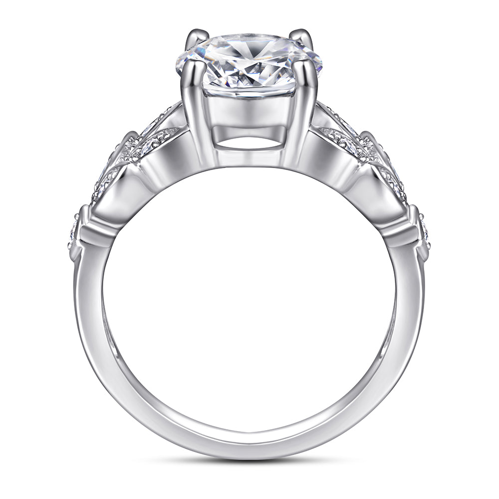 925 Sterling Silver Round Cz Centre with Flower Design Cz Band Ladies Ring