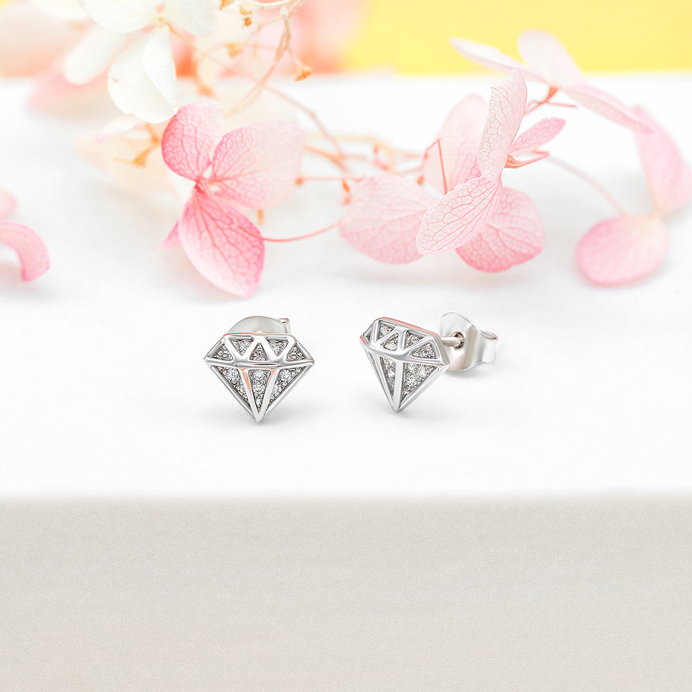 925 Sterling Silver Cz Diamond Shape Ladies Stud Earrings