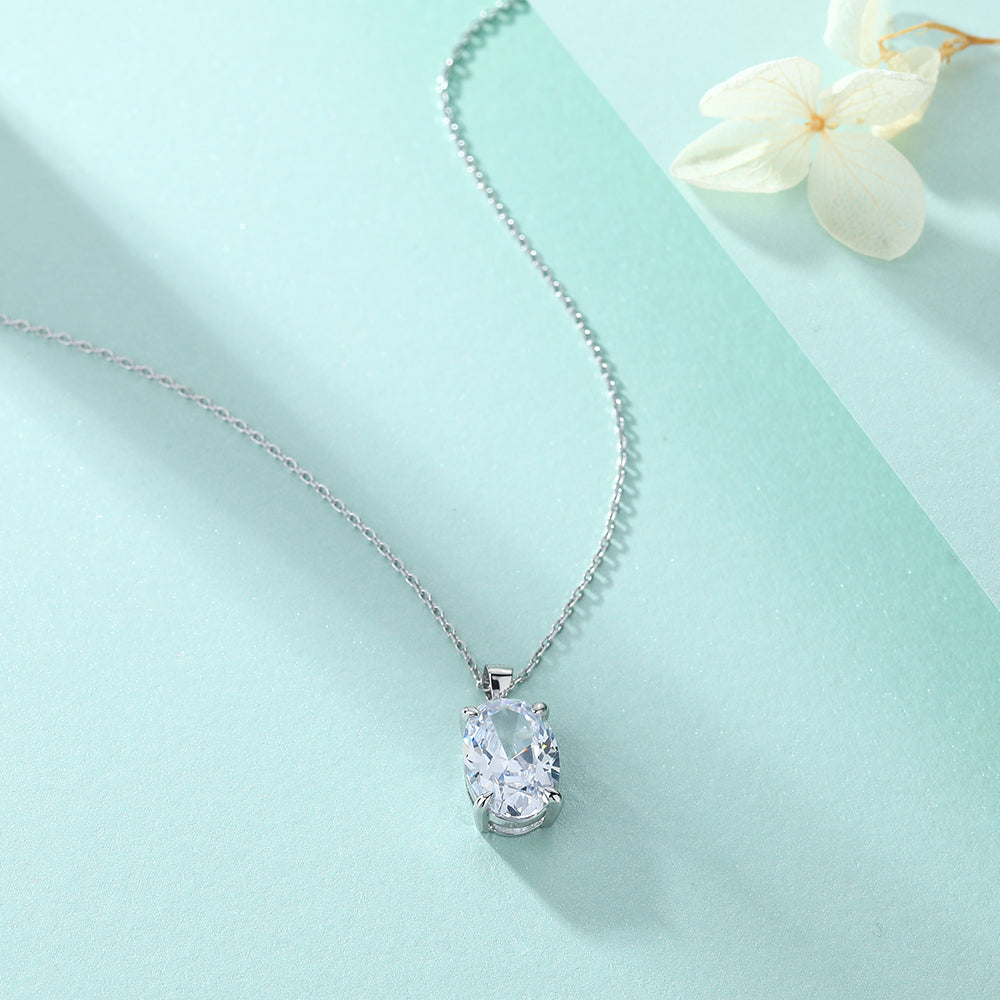 925 Sterling Silver Cz Oval Solitaire Pendant with Chain