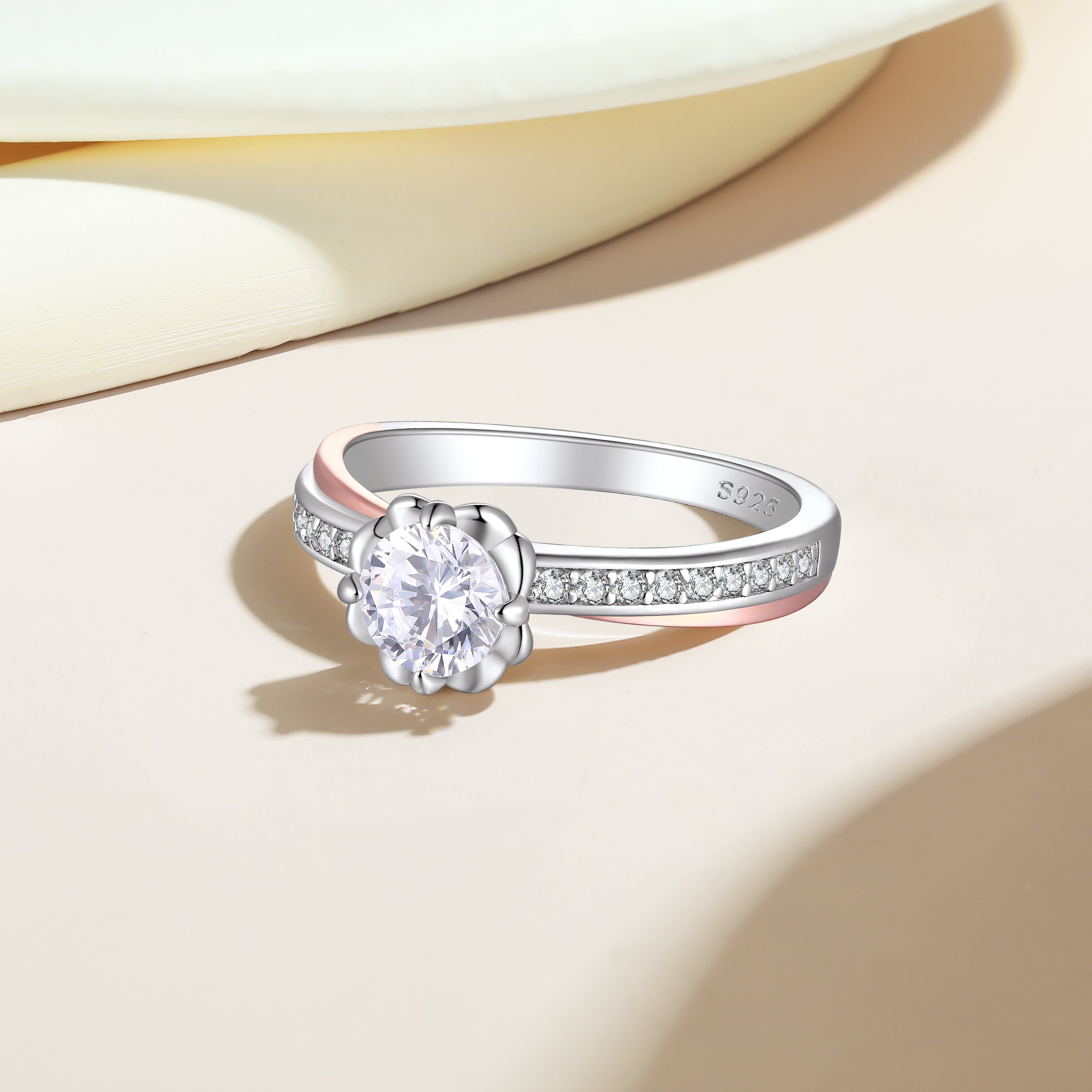 925 Sterling Silver 6mm Round Cz Fancy Set Two Tone Ladies Solitaire Ring