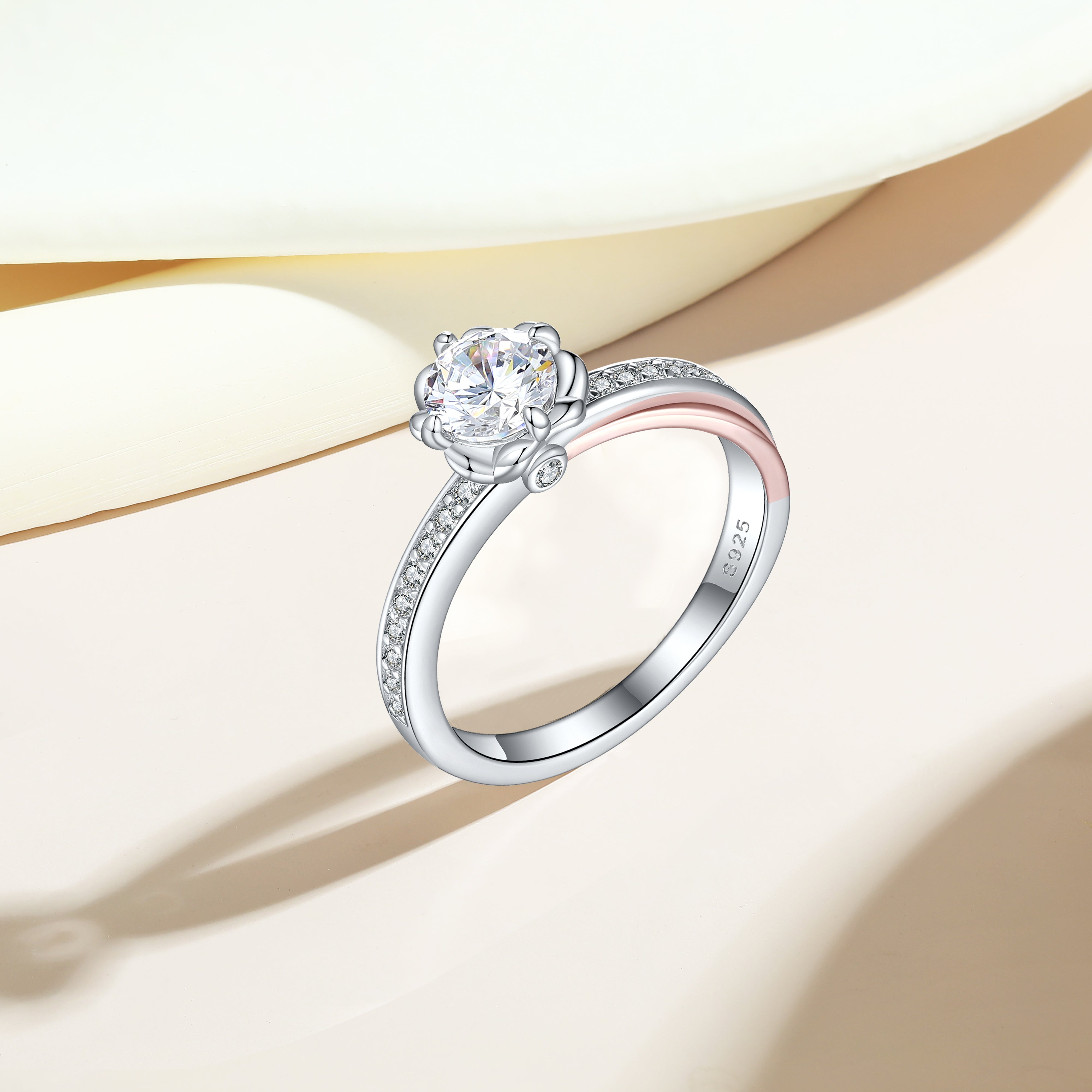 925 Sterling Silver 6mm Round Cz Fancy Set Two Tone Ladies Solitaire Ring
