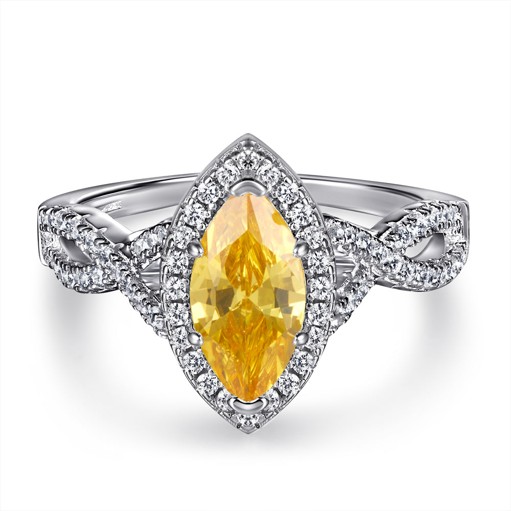 925 Sterling Silver Marquise Yellow Citrine Cz Halo with Infinity Band Ladies Ring
