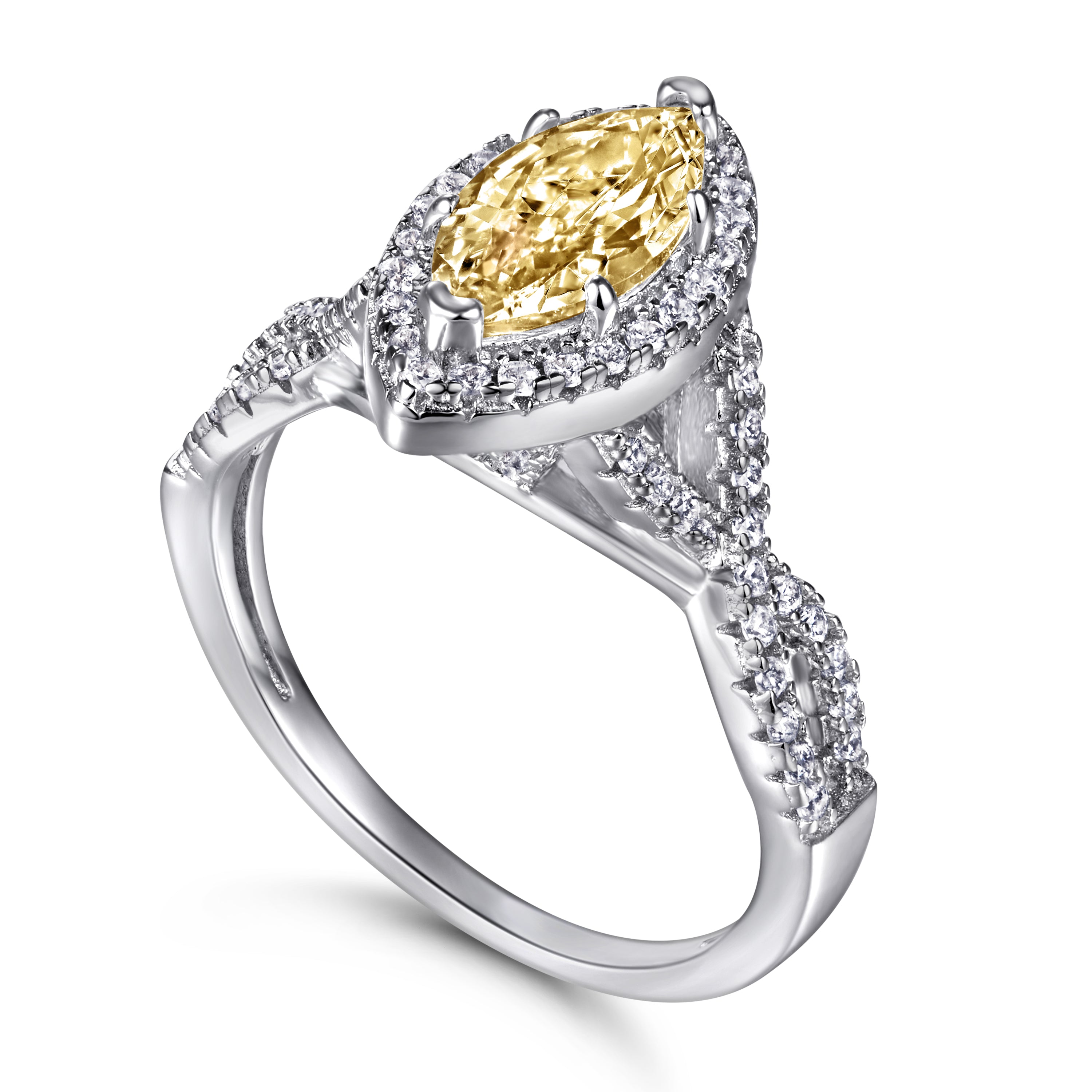 925 Sterling Silver Marquise Yellow Citrine Cz Halo with Infinity Band Ladies Ring
