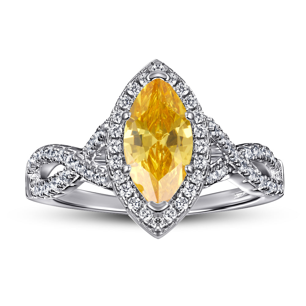 925 Sterling Silver Marquise Yellow Citrine Cz Halo with Infinity Band Ladies Ring