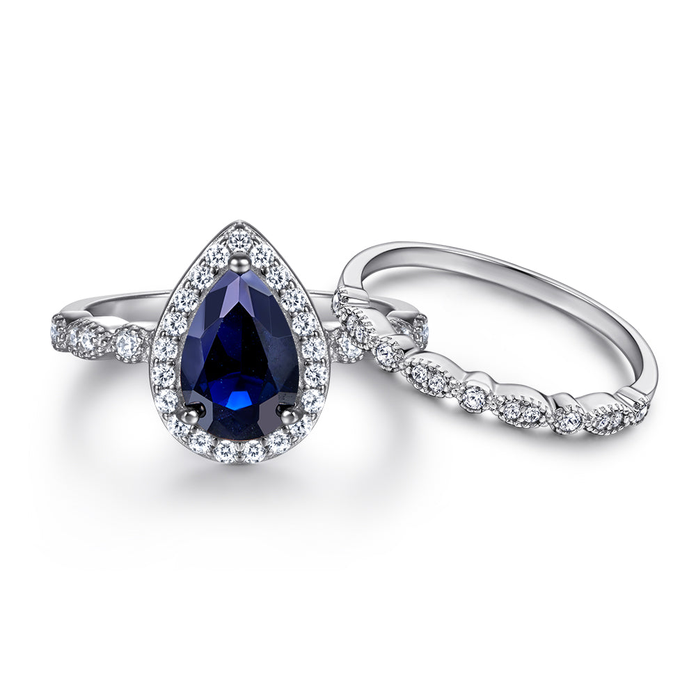 925 Sterling Silver Blue Sapphire Cz Pear Cut Halo Ladies Ring Set