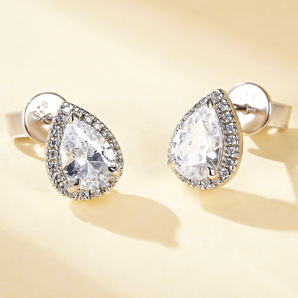 925 Sterling Silver 1ct Pear Cut Halo Cz Ladies Stud Earrings