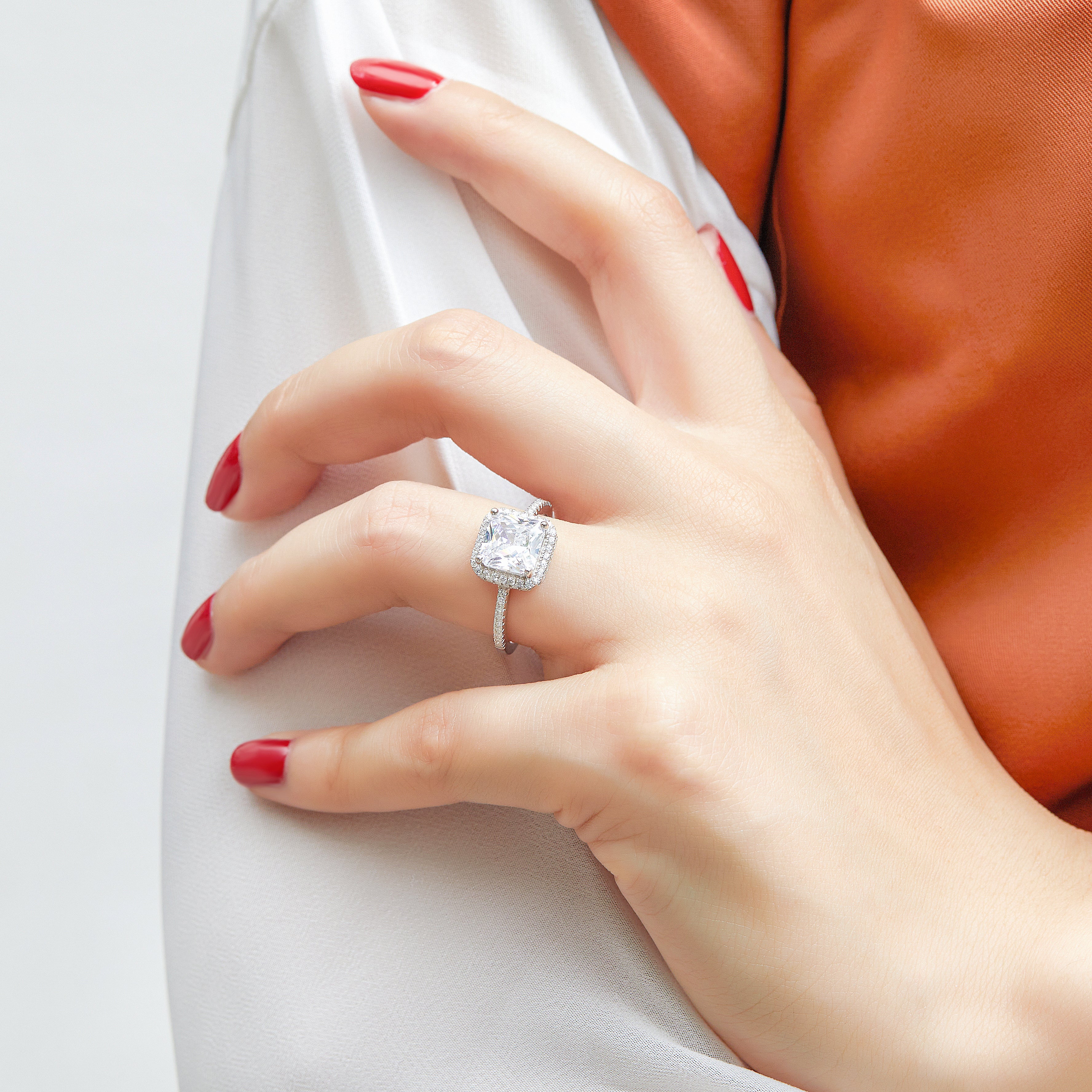 925 Sterling Silver Cushion Set Cz Halo Ladies Ring