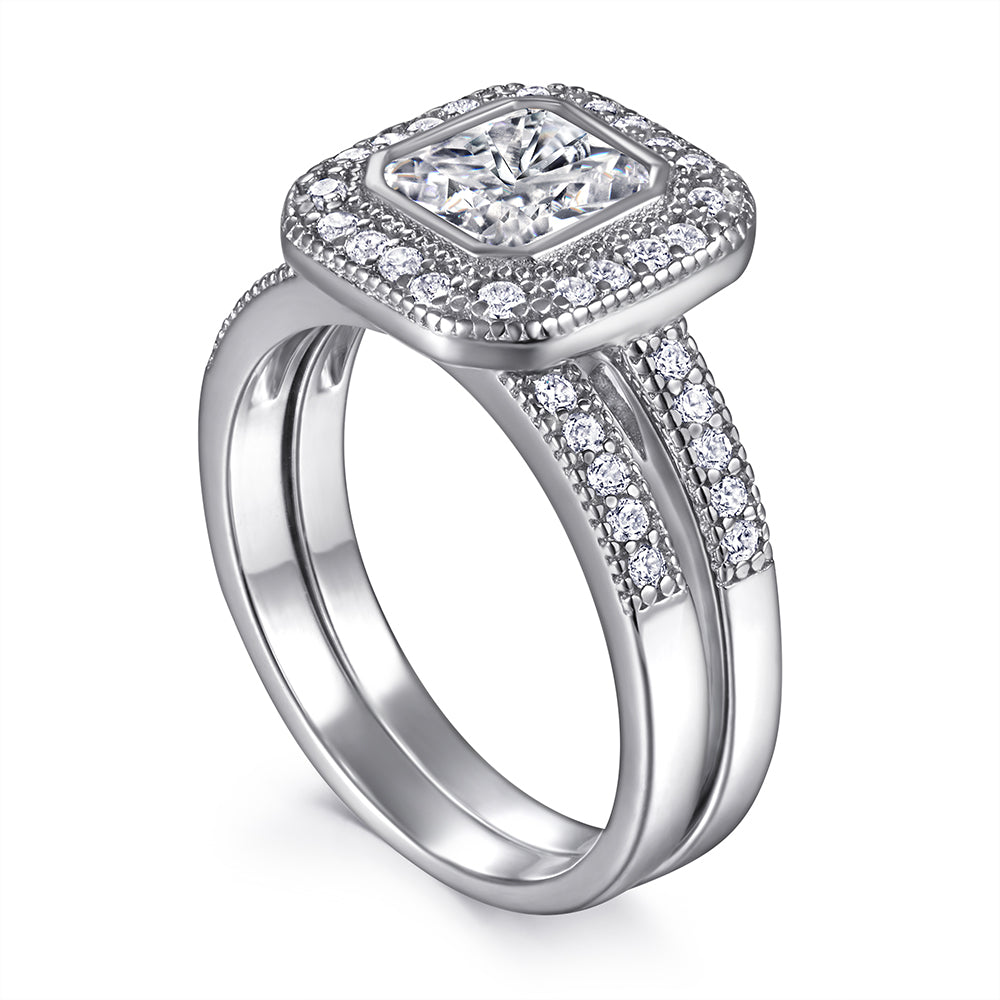 925 Sterling Silver Radiant Cut Cz Ladies Bridal Ring Set