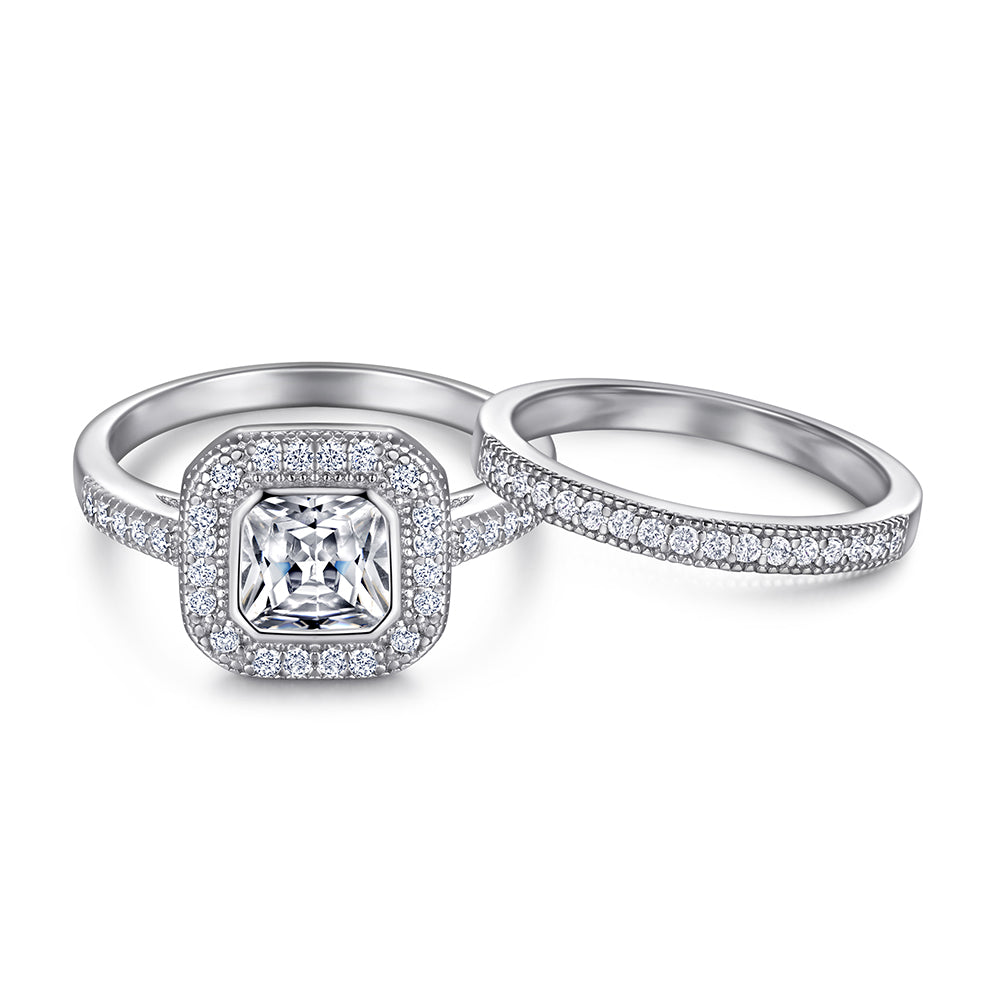 925 Sterling Silver Radiant Cut Cz Ladies Bridal Ring Set
