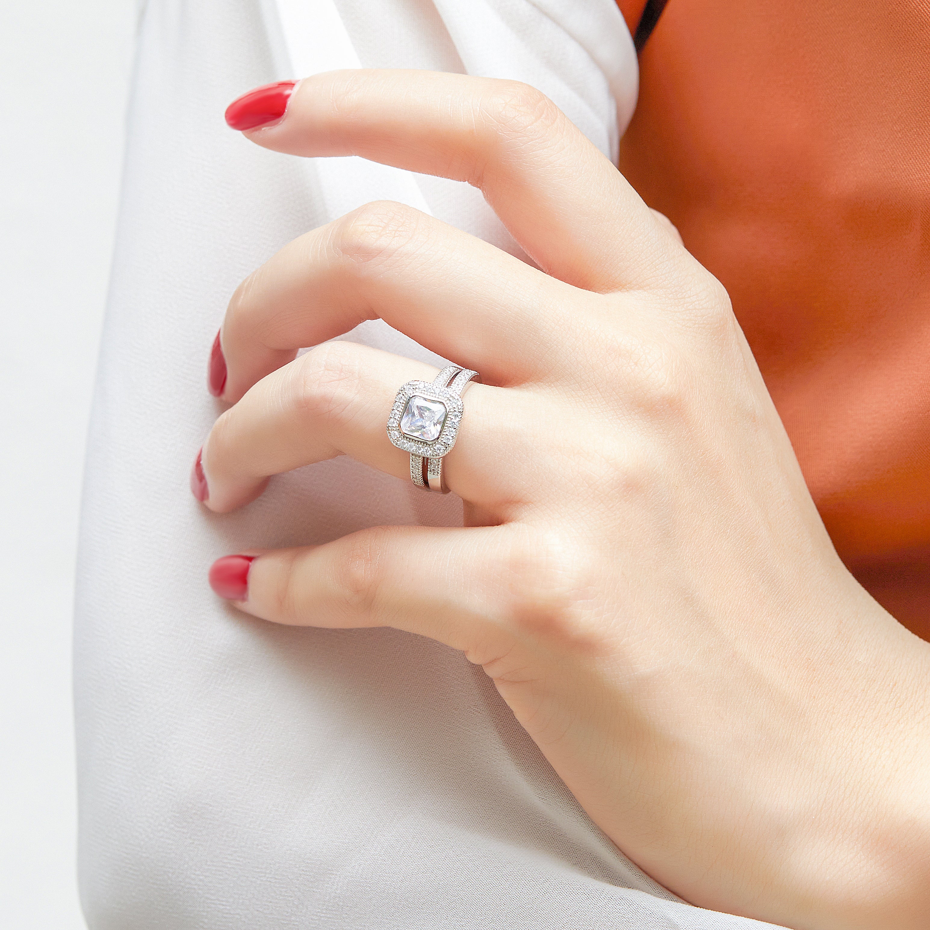 925 Sterling Silver Radiant Cut Cz Ladies Bridal Ring Set