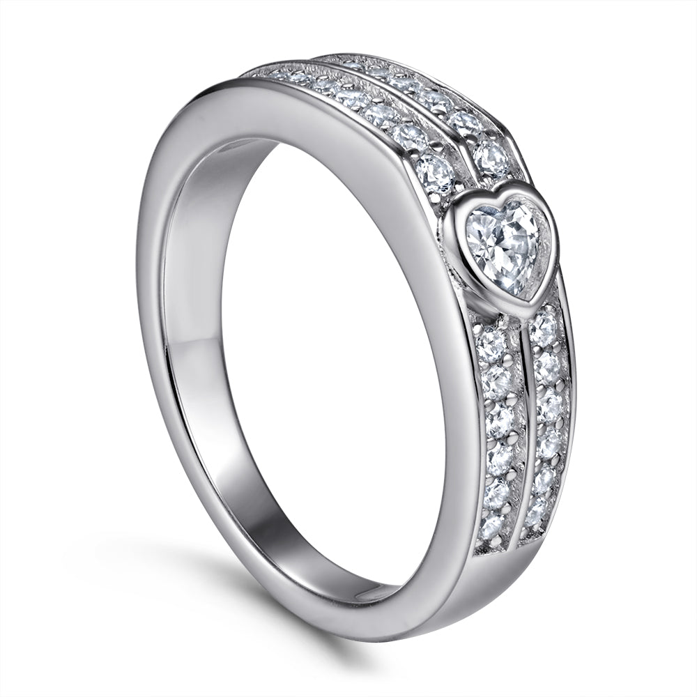 925 Sterling Silver Heart Rubover Cz Charm Ladies Half Eternity Ring