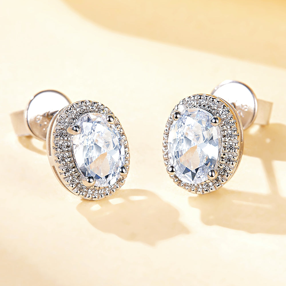 925 Sterling Silver 1ct Oval Halo Cz Ladies Stud Earrings