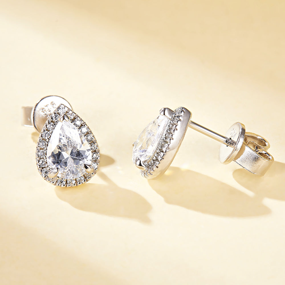925 Sterling Silver 1ct Pear Cut Halo Cz Ladies Stud Earrings