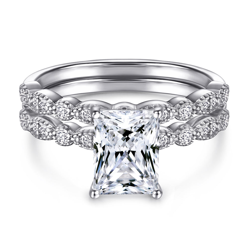 925 Sterling Silver Emerald Cut Cz Centre with Fancy Cz Band Ladies Bridal Ring Set