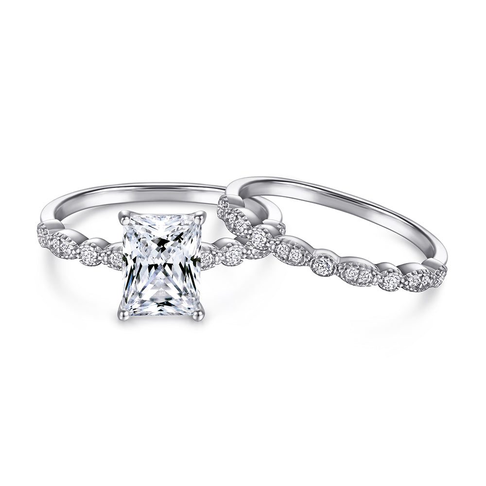 925 Sterling Silver Emerald Cut Cz Centre with Fancy Cz Band Ladies Bridal Ring Set