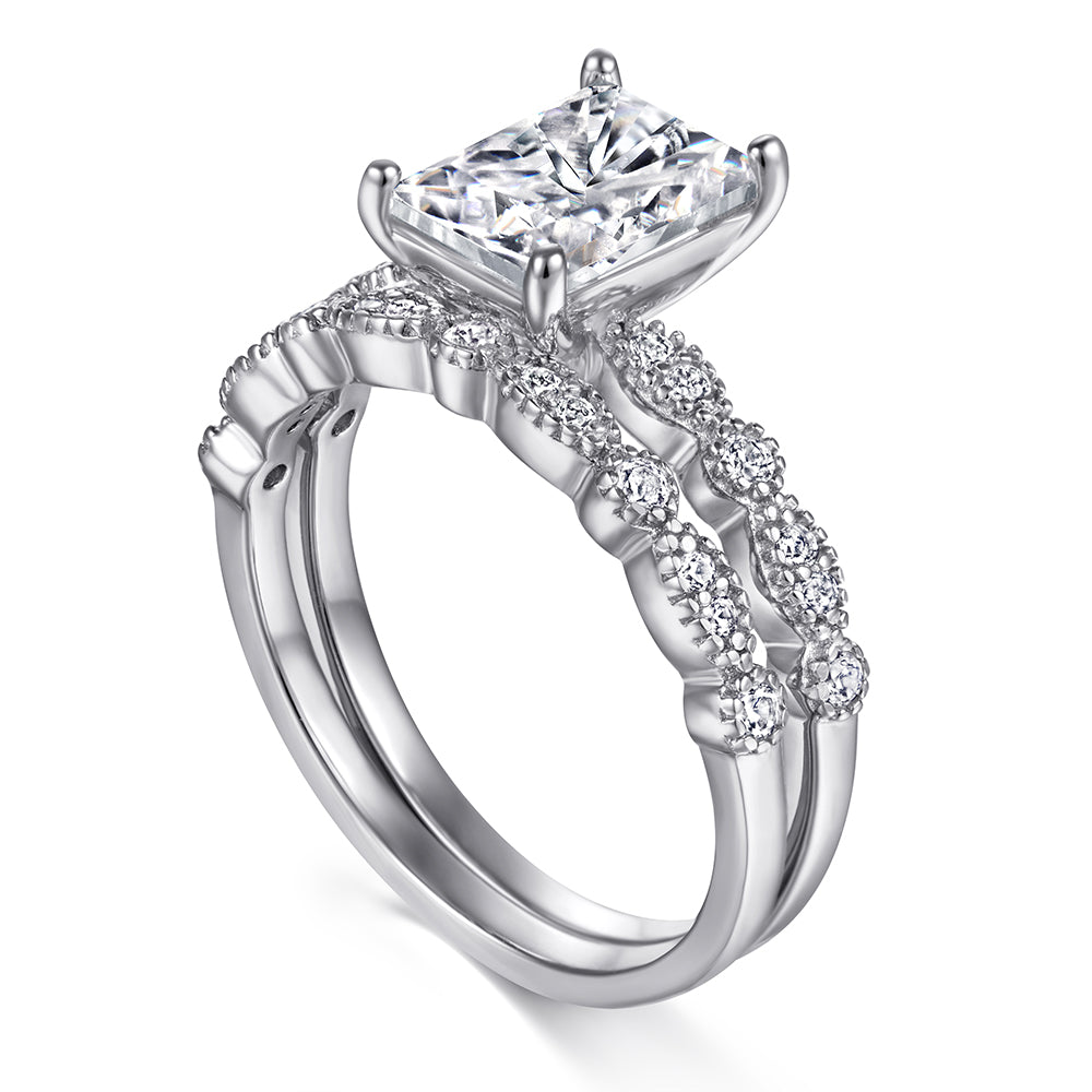 925 Sterling Silver Emerald Cut Cz Centre with Fancy Cz Band Ladies Bridal Ring Set