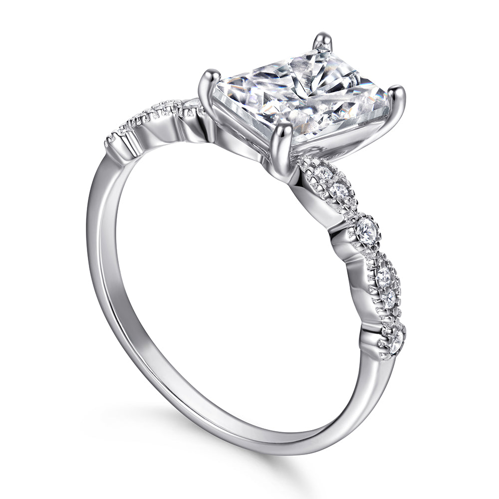 925 Sterling Silver Emerald Cut Cz Centre with Fancy Cz Band Ladies Bridal Ring Set