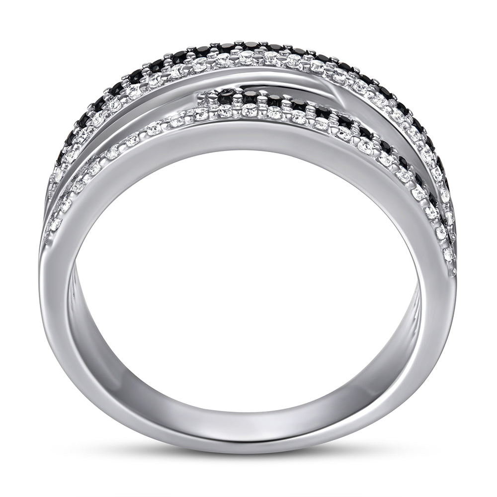 925 Sterling Silver Black & White Cz Fancy Ladies Crossover Ring